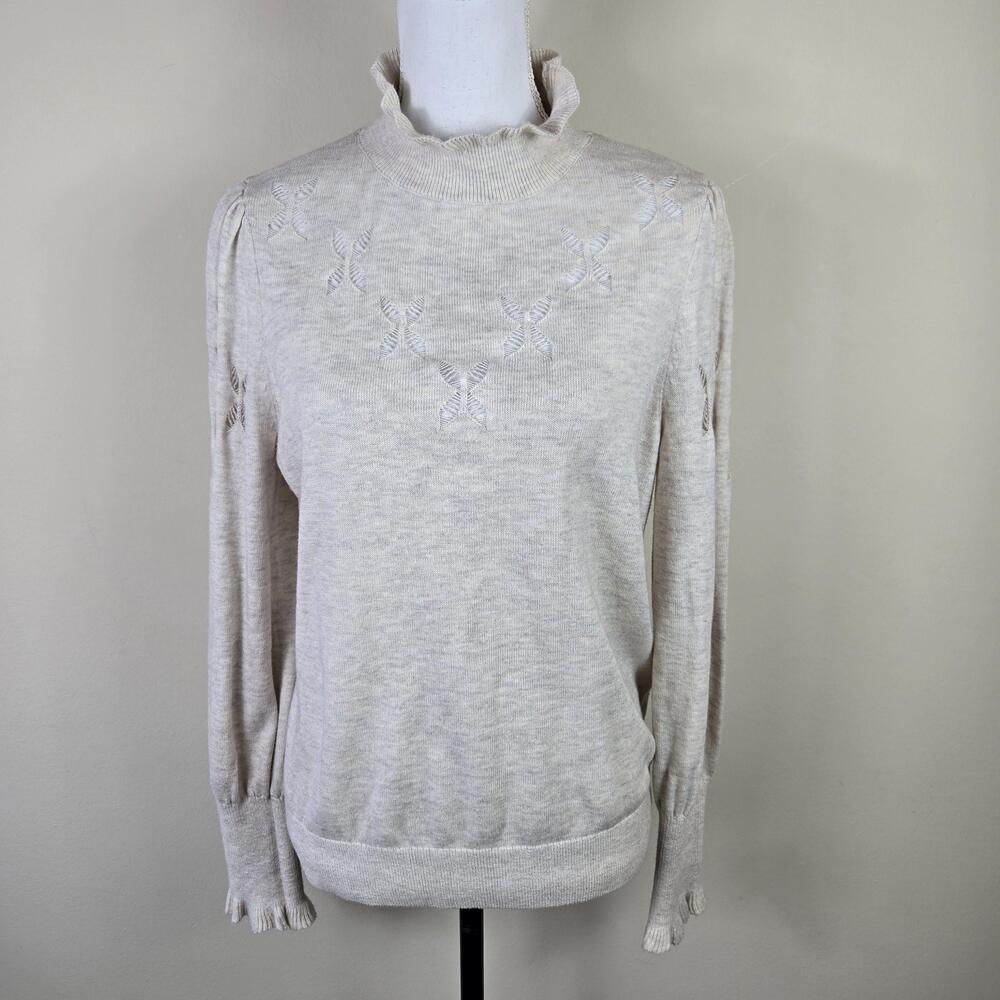 NIC+ZOE Sweater Womens Large Oatmeal Mock Neck Pointelle Long Sleeve Ruffle